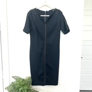 T Tahari Shift Dress in Navy w Gold Top Stitching, Size 12 - Excellent Condition